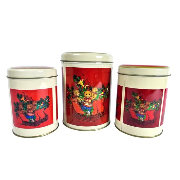 Nesting/Stacking Christmas Tins New Never Used Rocking Horse Sleigh Teddy Bear! - Picture 1 of 9